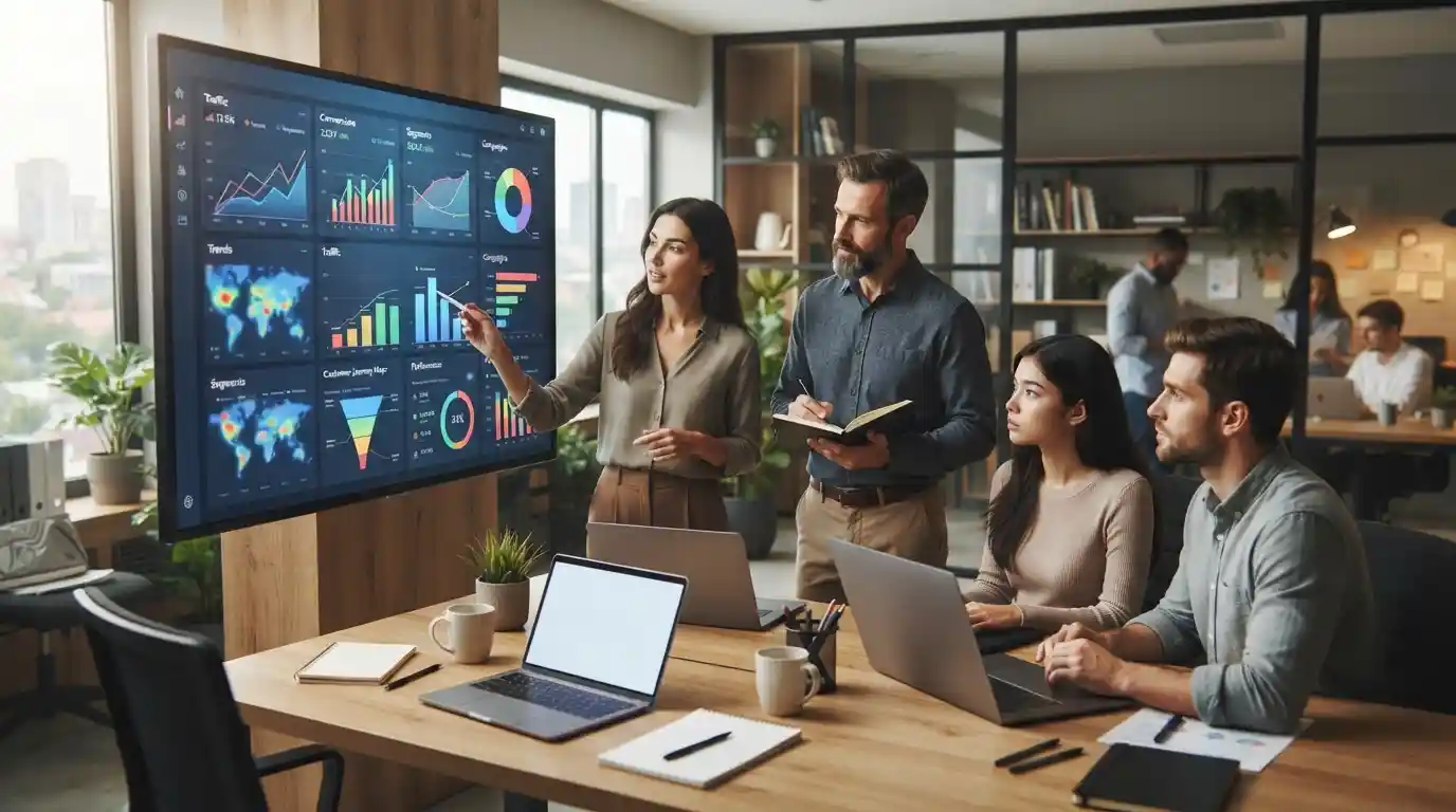 Small business team analyzing digital marketing performance and growth data on a modern analytics dashboard