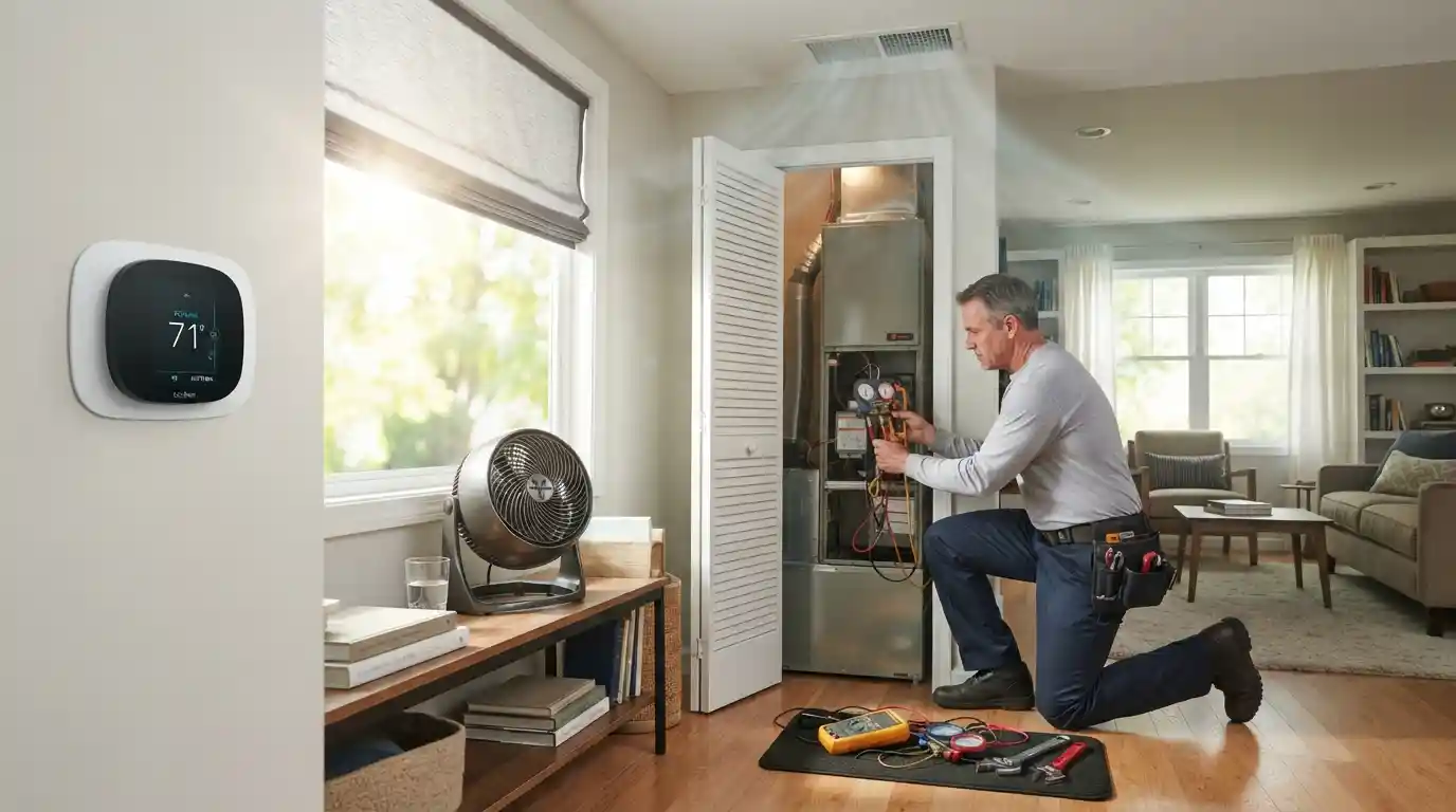 HVAC technician inspecting a residential air conditioning system while a thermostat and cooling vent maintain a comfortable home environment.