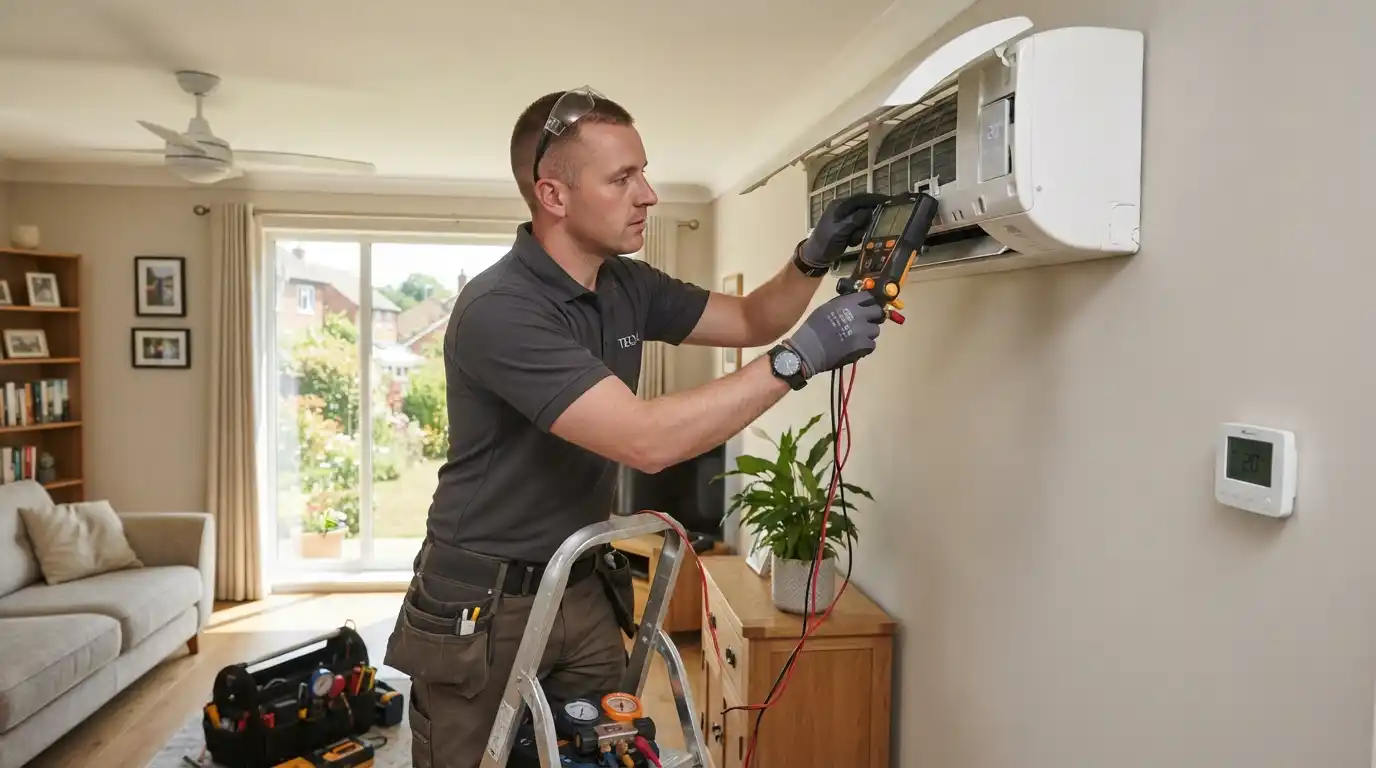 HVAC technician inspecting a residential air conditioning system during summer