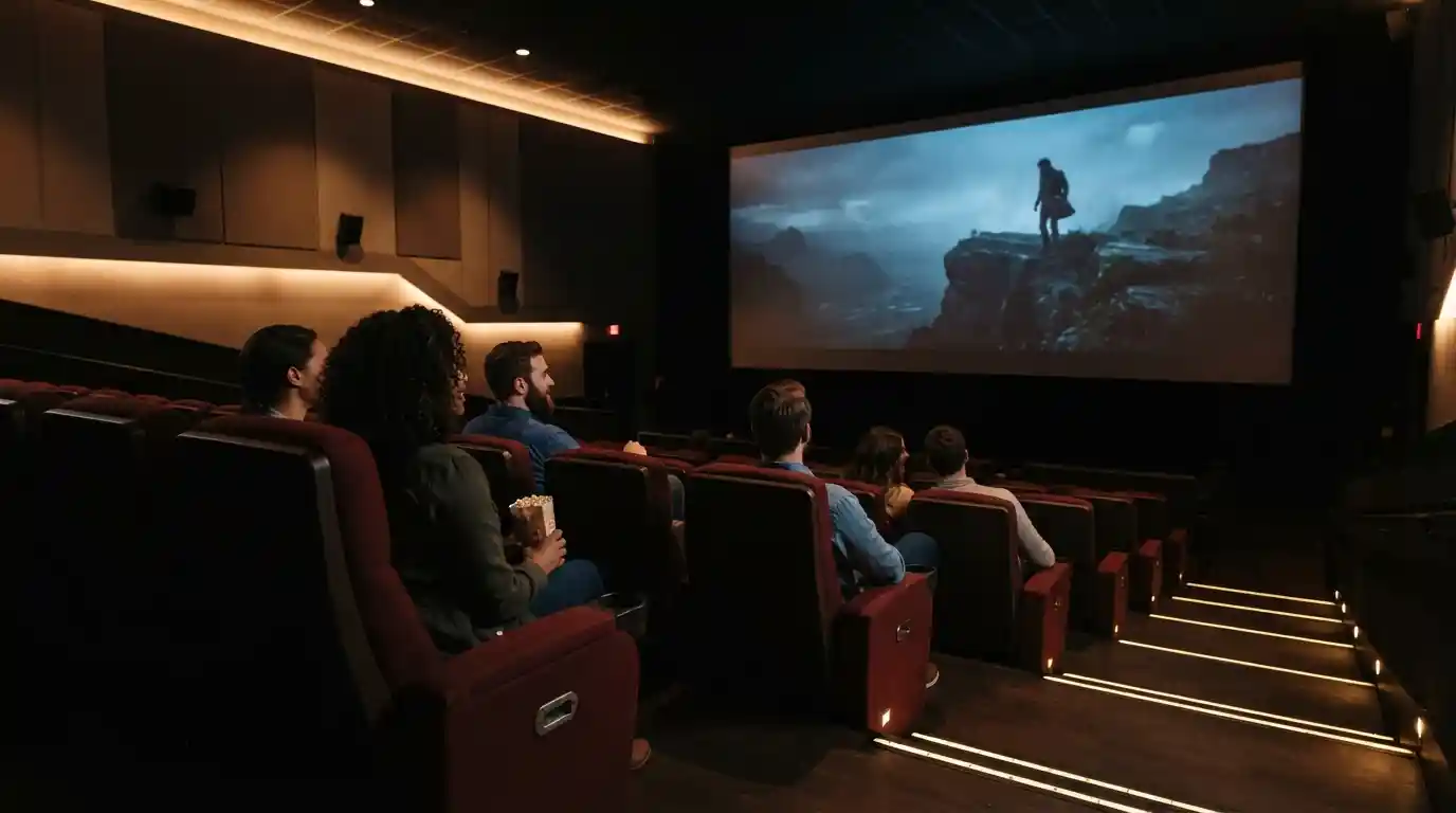 Moviegoers seated in a modern theater watching a film on a large cinema screen