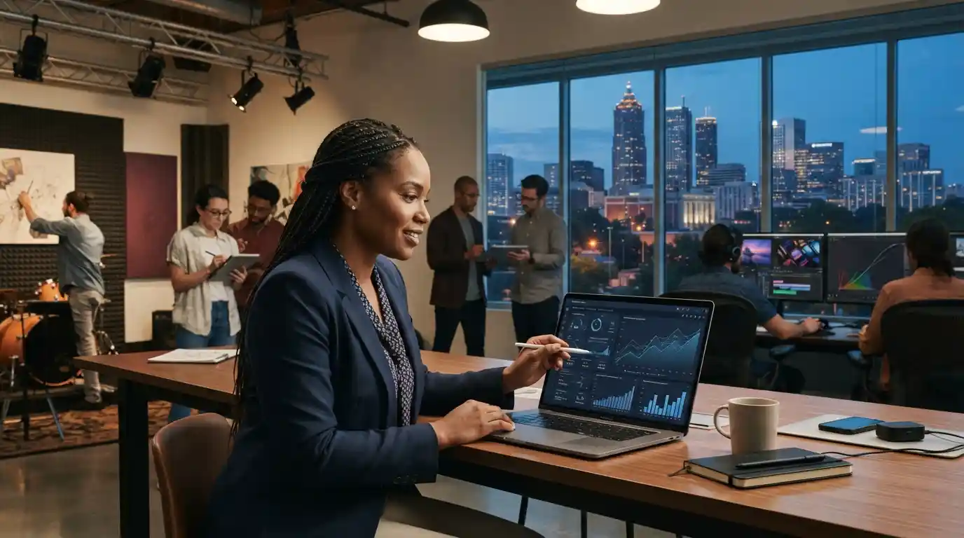 Atlanta creative-industry executive reviewing digital marketing analytics with music and entertainment activity in the background