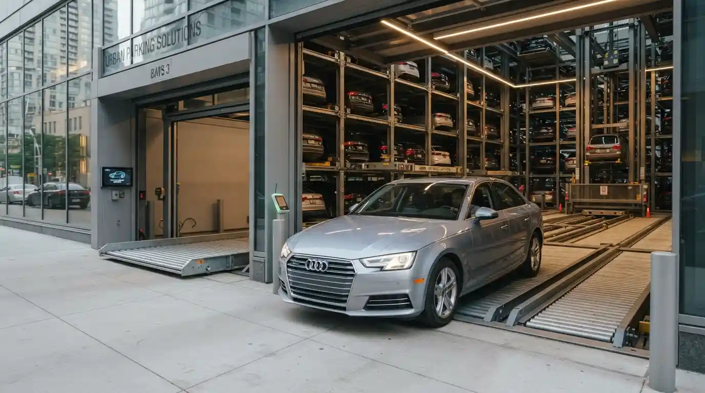 A car approaching an automated parking entrance equipped with an RFID vehicle identification reader