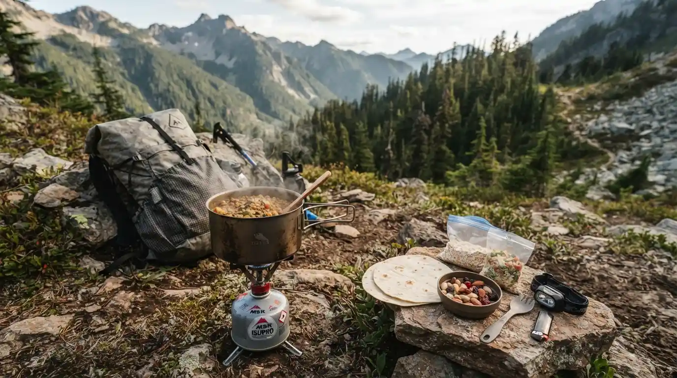 A hearty backpacking meal prepared beside a lightweight camp stove at a mountain campsite