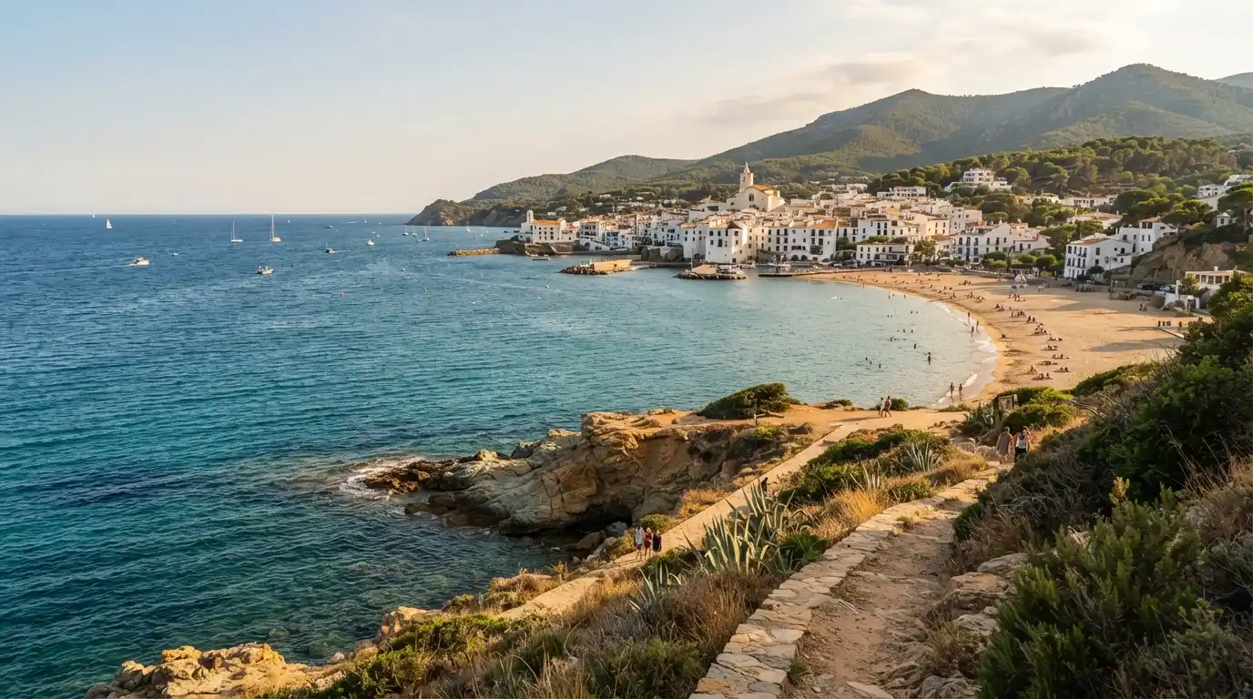 Spanish Mediterranean coastline with a sandy beach, turquoise water, and a seaside town