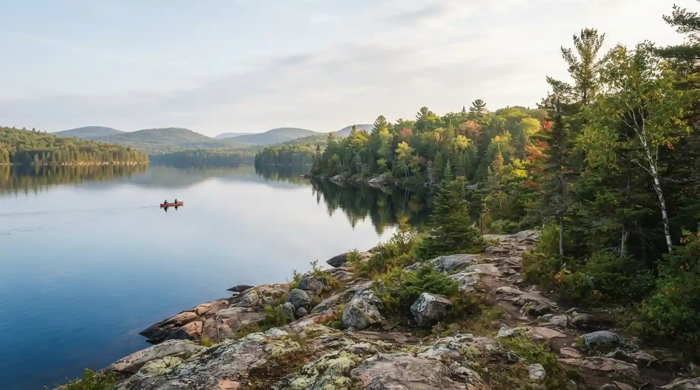 Rocky Ontario shoreline with clear blue water, forest, and a canoe in the distance