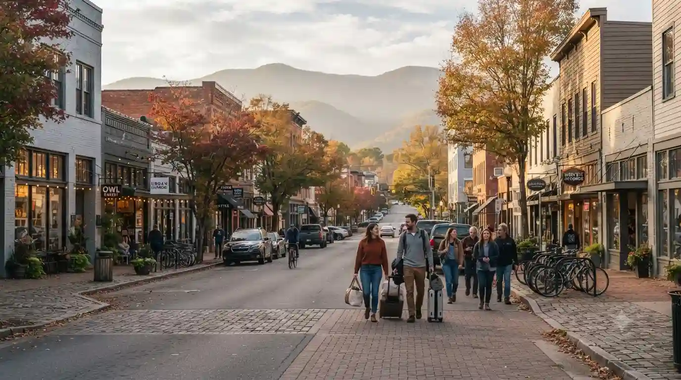 Charming Asheville neighborhood with historic buildings, mountain views, and colorful autumn trees