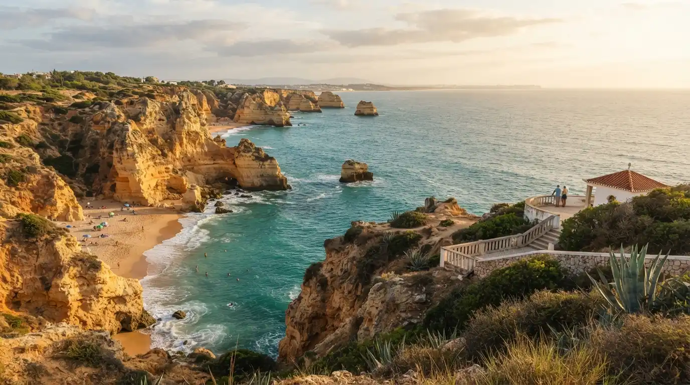 Dramatic Algarve coastline with golden cliffs, turquoise water, and a sandy beach in Portugal