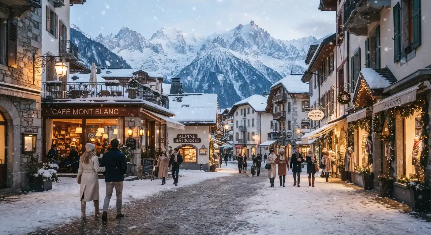 Snowy European town with historic architecture and mountain scenery during winter
