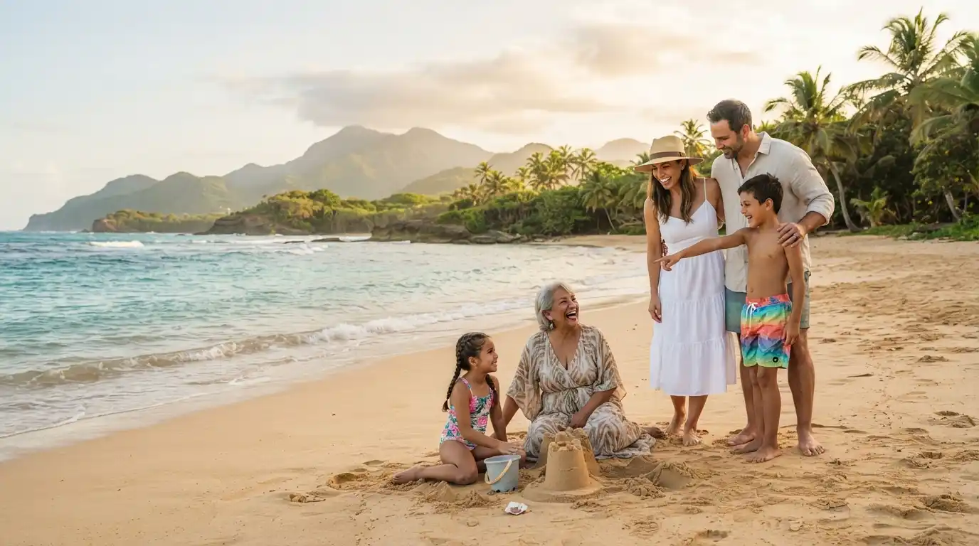 Family enjoying a tropical beach vacation in Puerto Rico with mountains and turquoise water in the background.