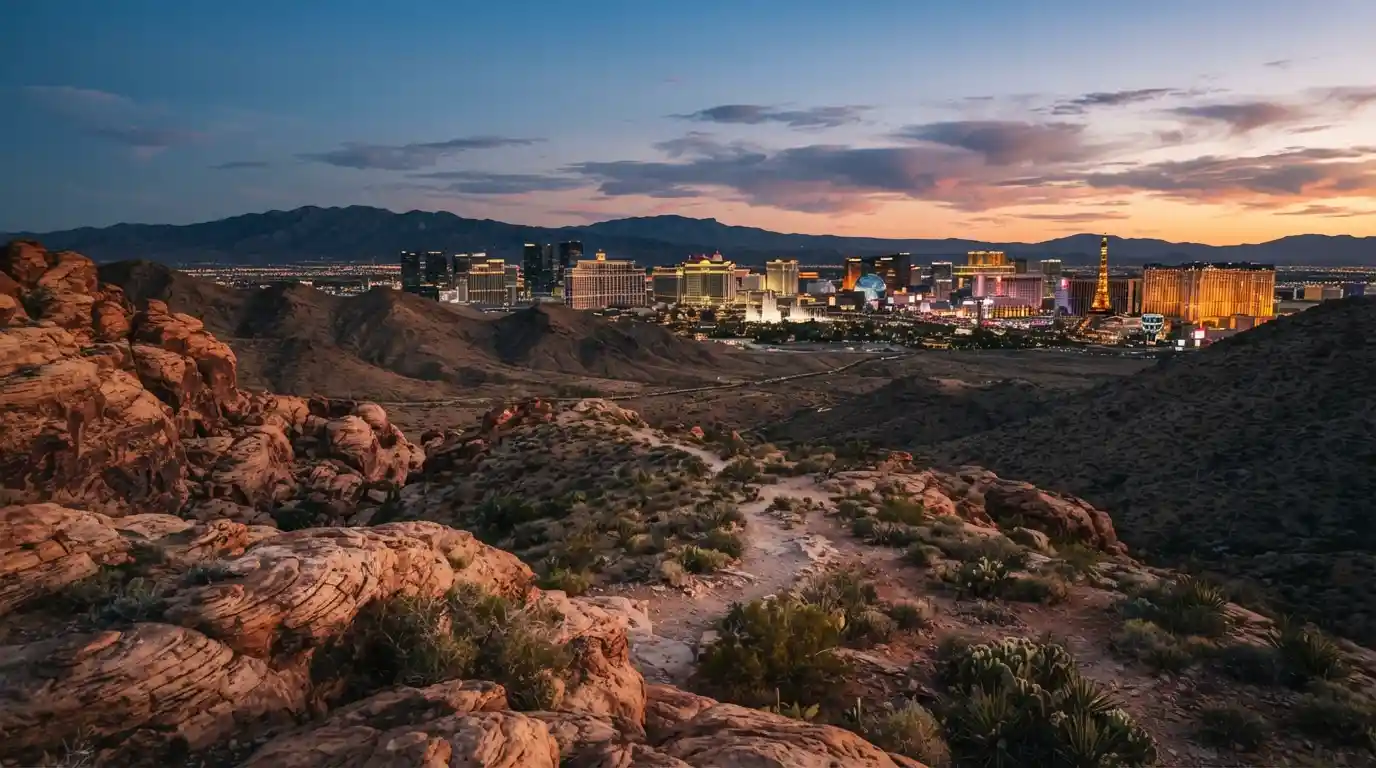 Las Vegas Strip at sunset with desert mountains in the background
