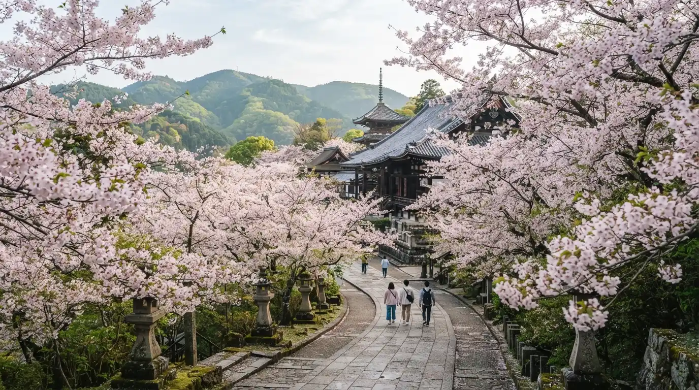 Cherry blossoms surrounding a traditional Japanese temple and mountain landscape in spring