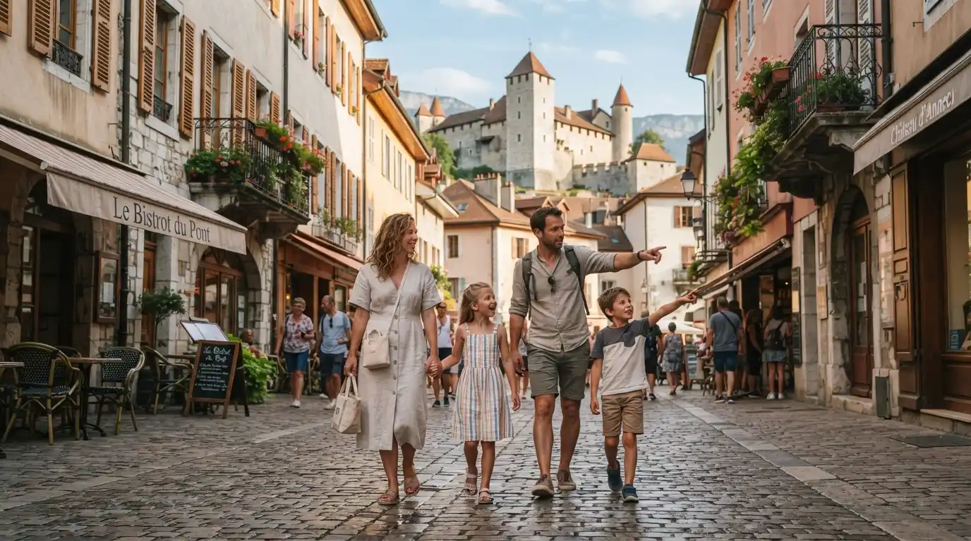 Family exploring a charming French town during a vacation with children