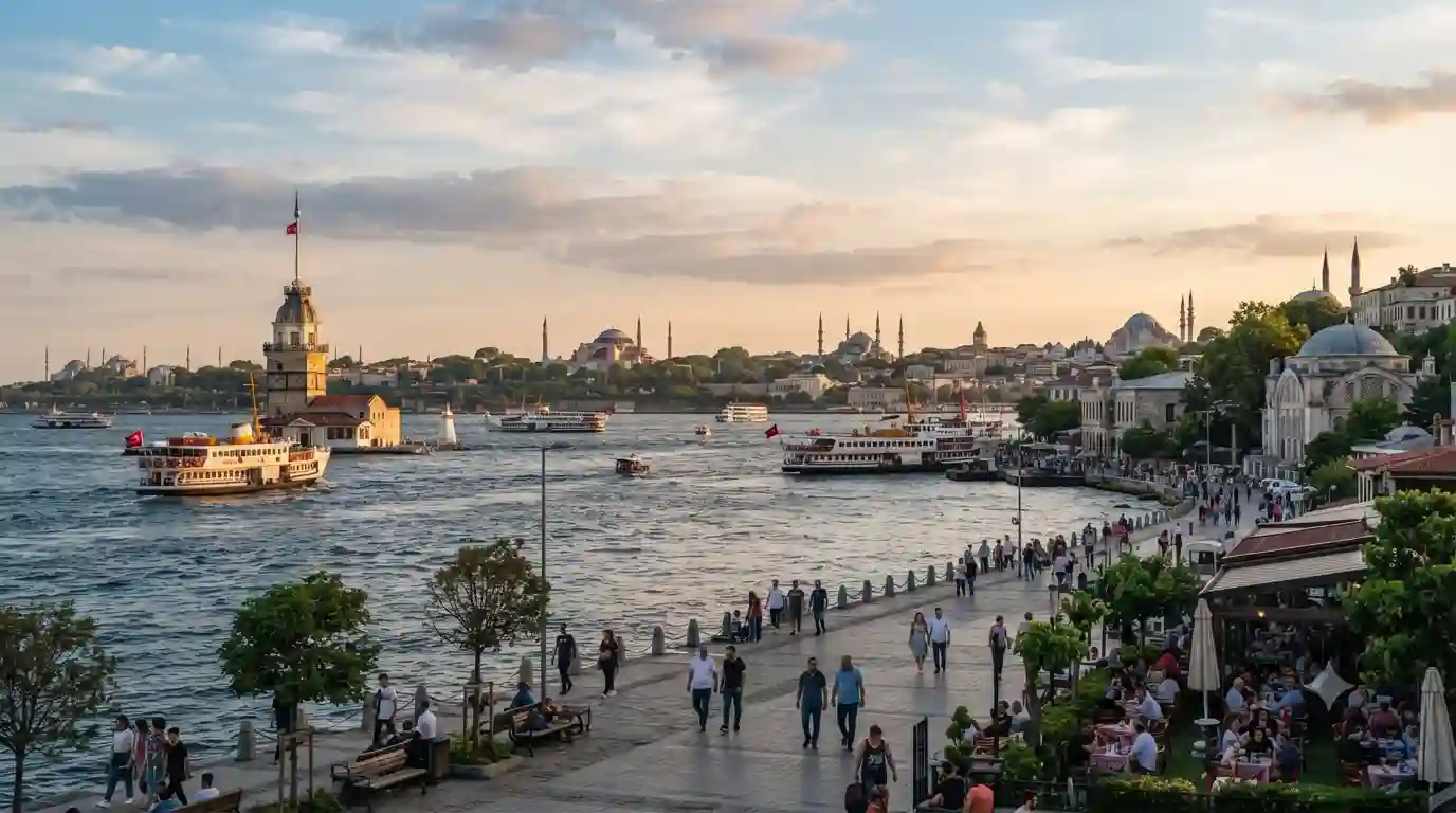 Maiden's Tower viewed across the Bosphorus from Istanbul's Asian side at sunset