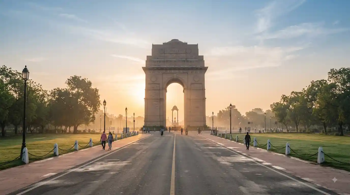 India Gate surrounded by green lawns during a peaceful Delhi morning