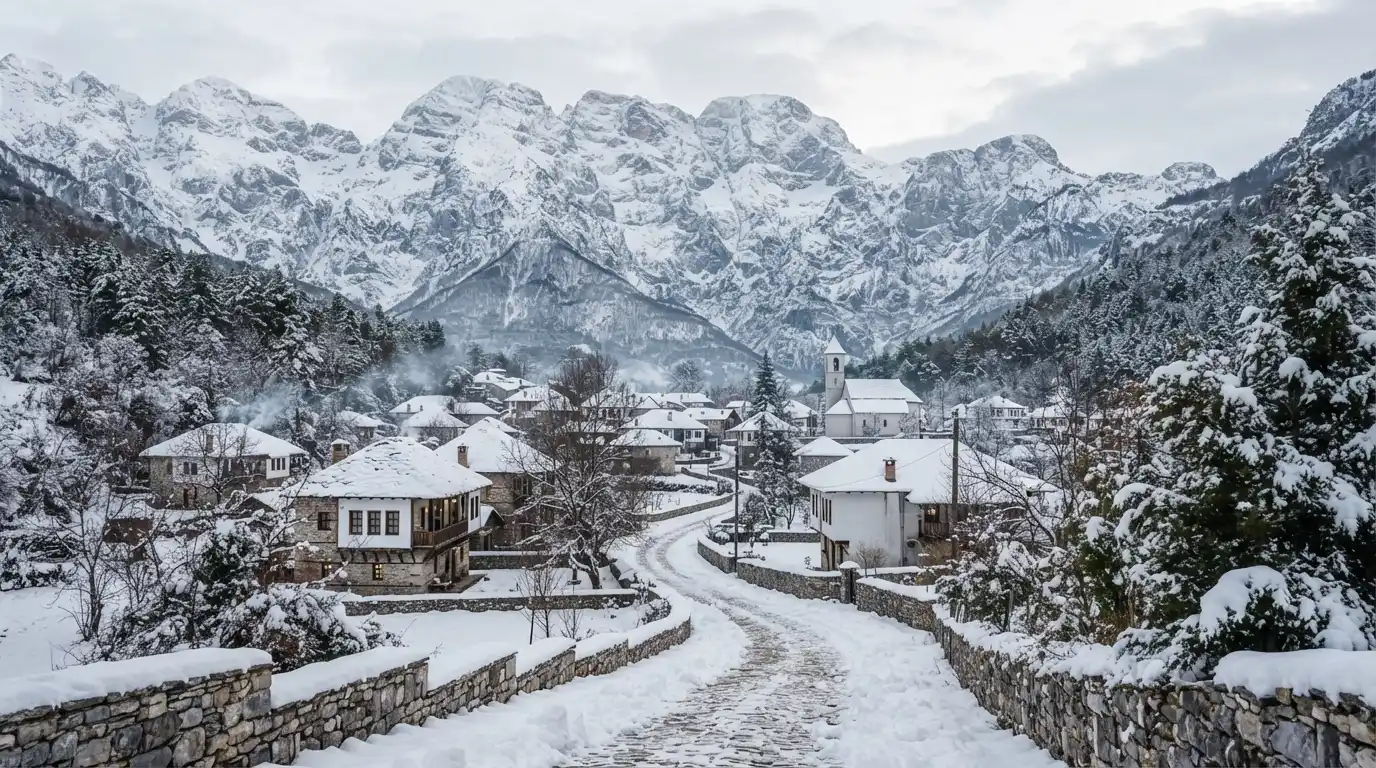 Snow-covered Albanian mountain village surrounded by dramatic winter peaks