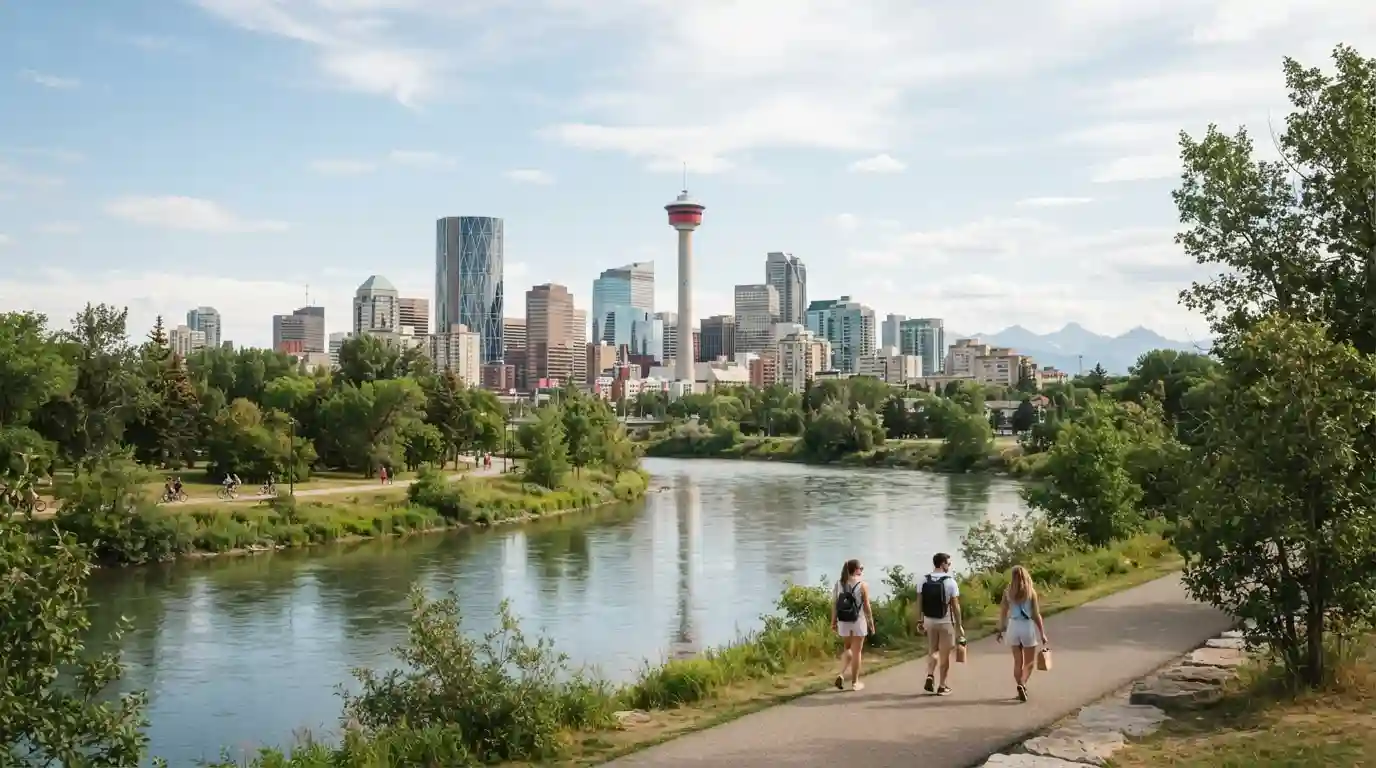 Calgary skyline with the Calgary Tower, Bow River, green parkland, and Rocky Mountains in the distance during summer