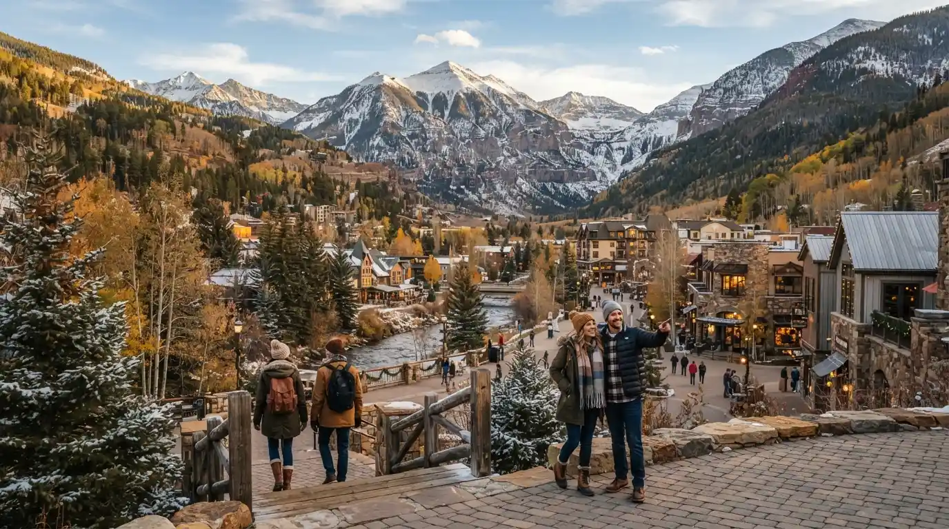 Snow-dusted Colorado mountain town surrounded by evergreen trees and autumn scenery during Thanksgiving season