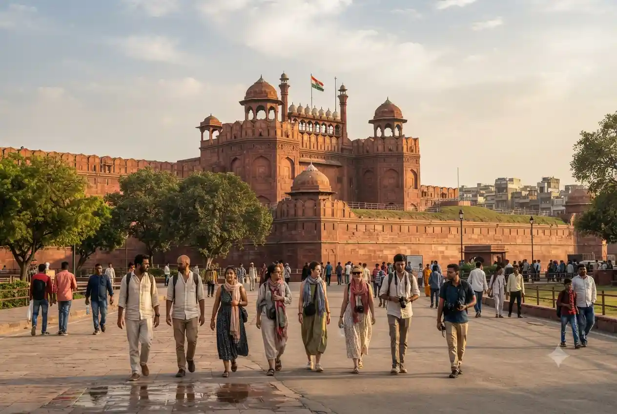 Delhi travel scene featuring the Red Fort with historic architecture and a lively city atmosphere
