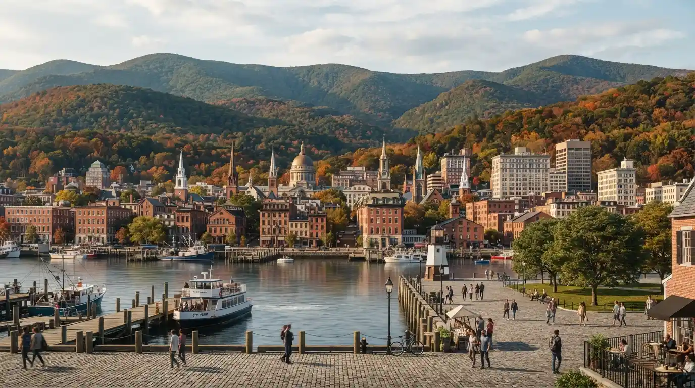 Eastern US travel landscape featuring mountains, historic city architecture, and a coastal setting