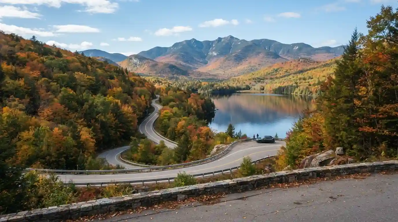 New York mountain and lake landscape surrounded by colorful autumn foliage