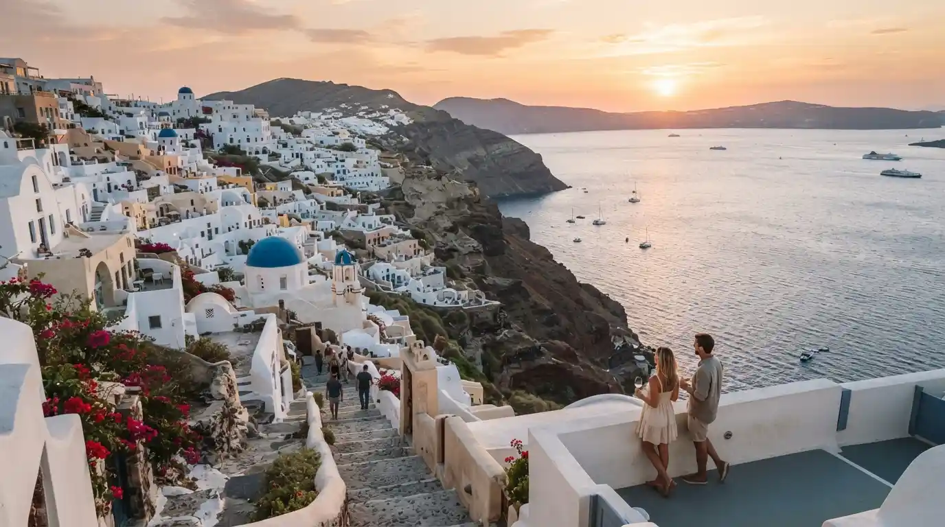 Whitewashed Greek coastal village overlooking the Aegean Sea at sunset