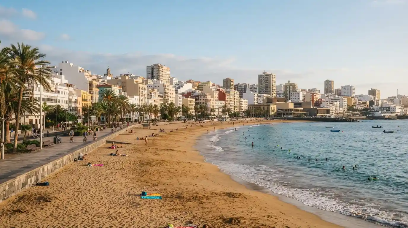 Las Canteras Beach and the Las Palmas waterfront in Gran Canaria