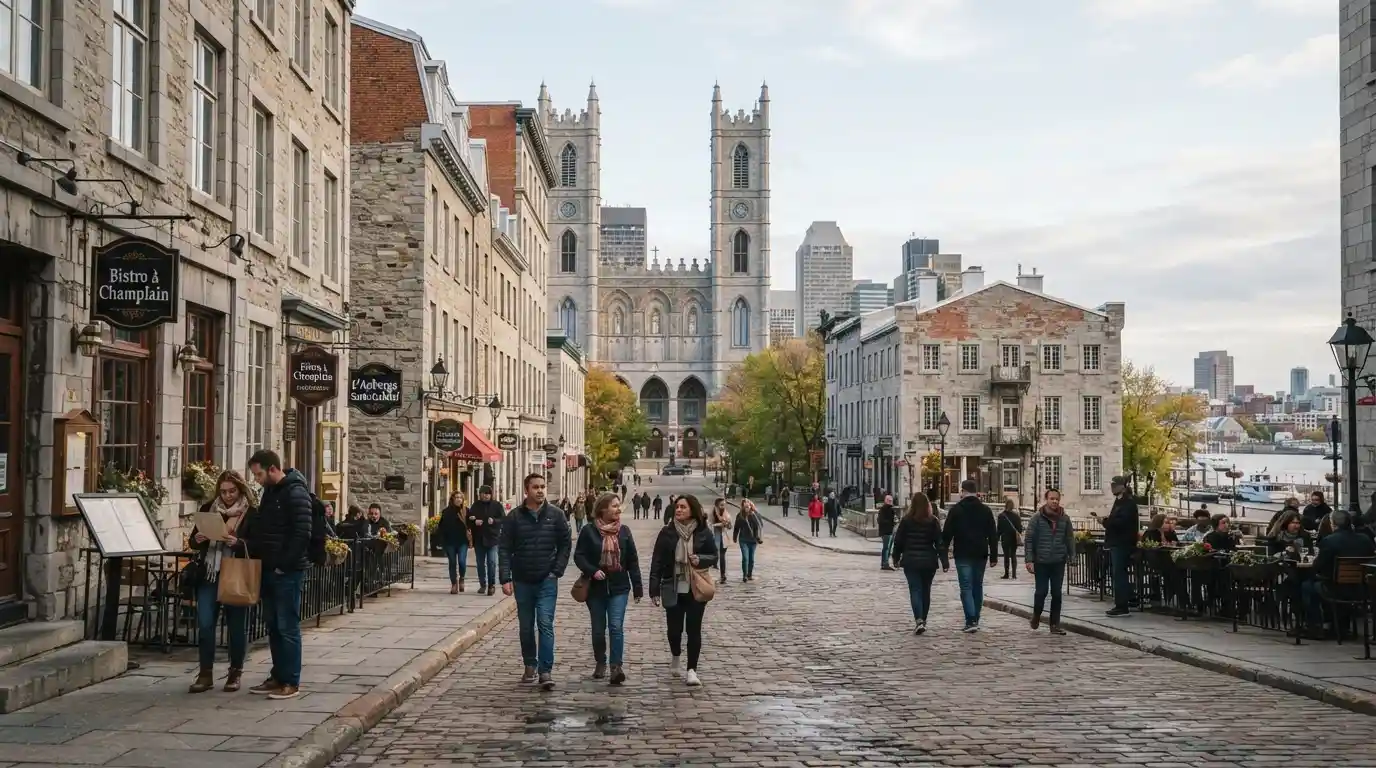 Historic Old Montreal street with Notre-Dame Basilica in the background