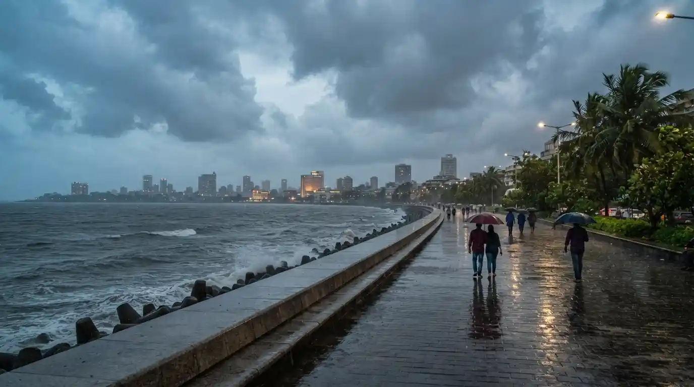 Marine Drive in Mumbai during the rainy monsoon season with cloudy skies and wet pavement