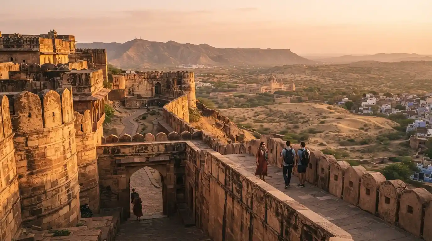 Rajasthan heritage fort and desert landscape during golden hour