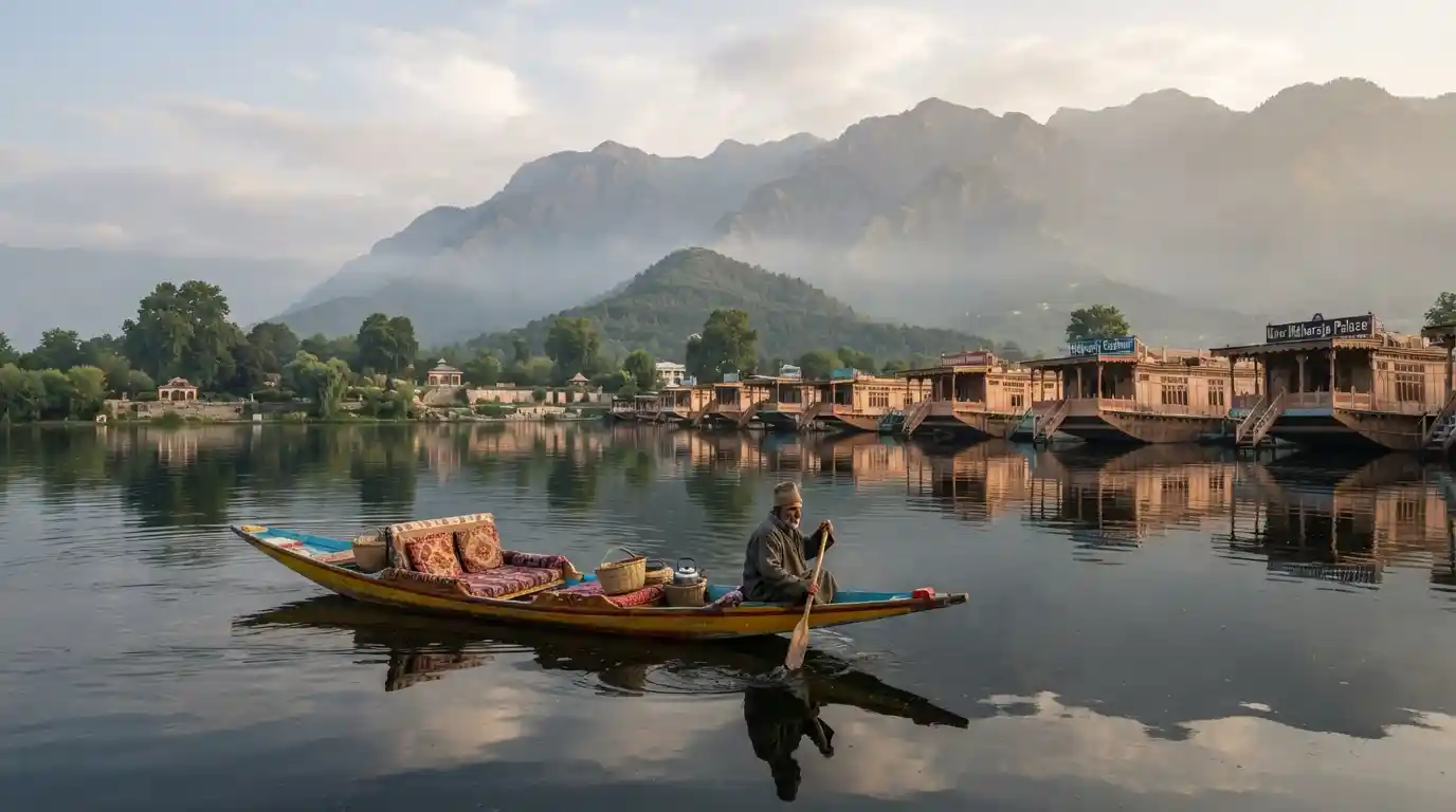 Shikara on Dal Lake with Kashmiri mountains and houseboats in Srinagar