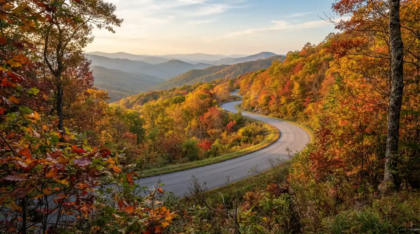 Scenic mountain road surrounded by colorful fall foliage in Tennessee
