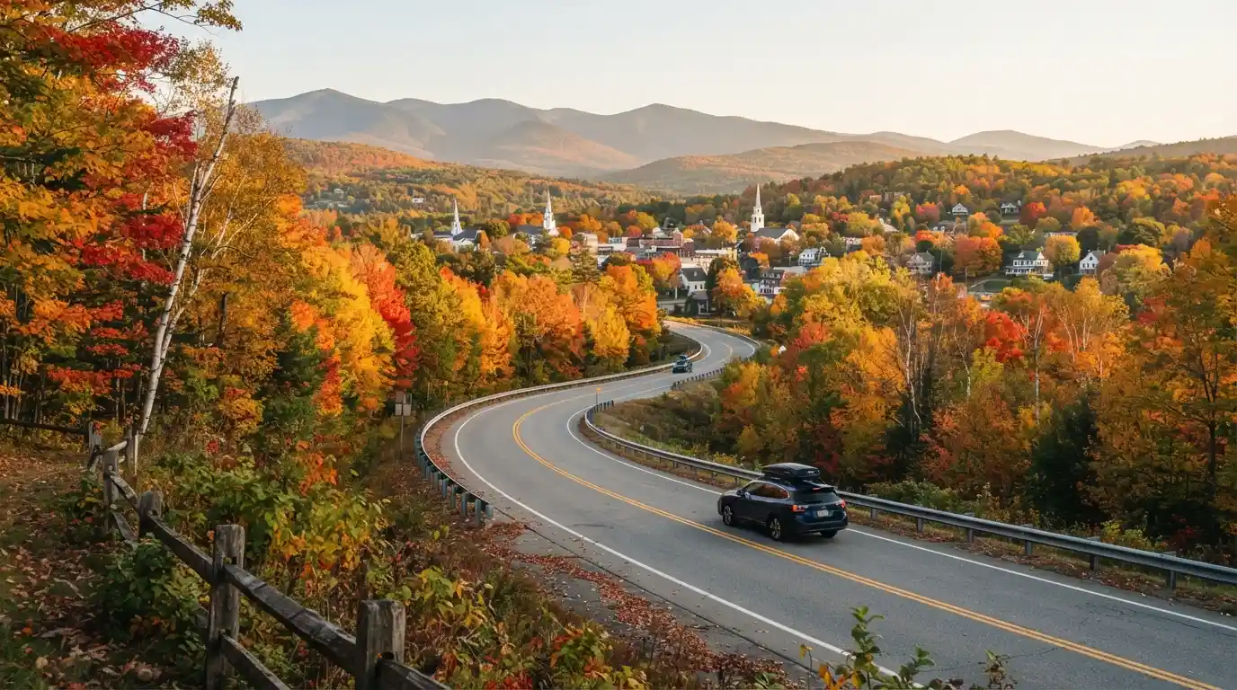 Scenic autumn road surrounded by colorful fall foliage and mountain scenery in the United States