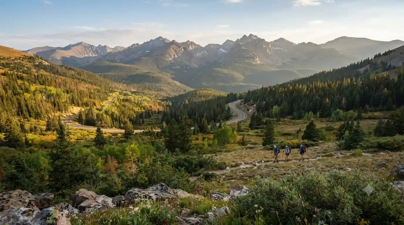 Scenic mountain valley with forested slopes, alpine peaks, a winding road, and hikers