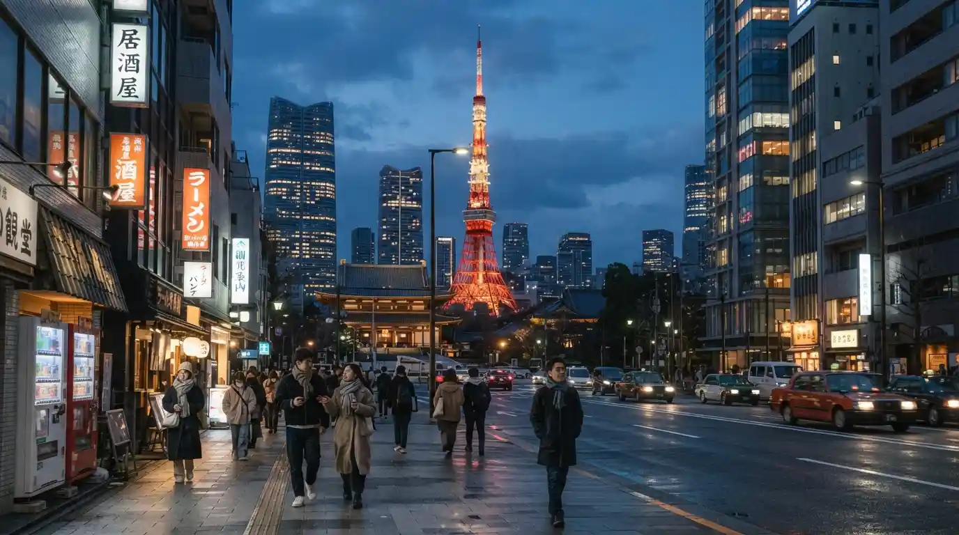 Tokyo cityscape illuminated on a crisp winter evening with a landmark tower and modern buildings