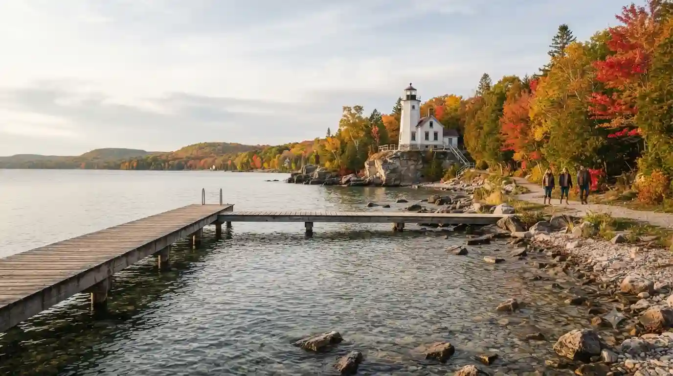 Wisconsin lakeshore with a historic lighthouse, autumn trees, and travelers