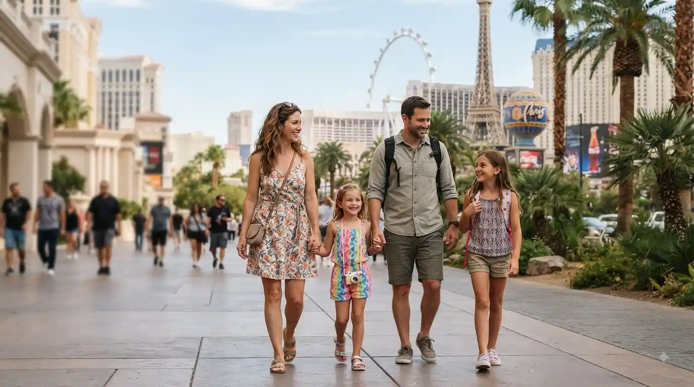 Family exploring the Las Vegas Strip with the High Roller in the background