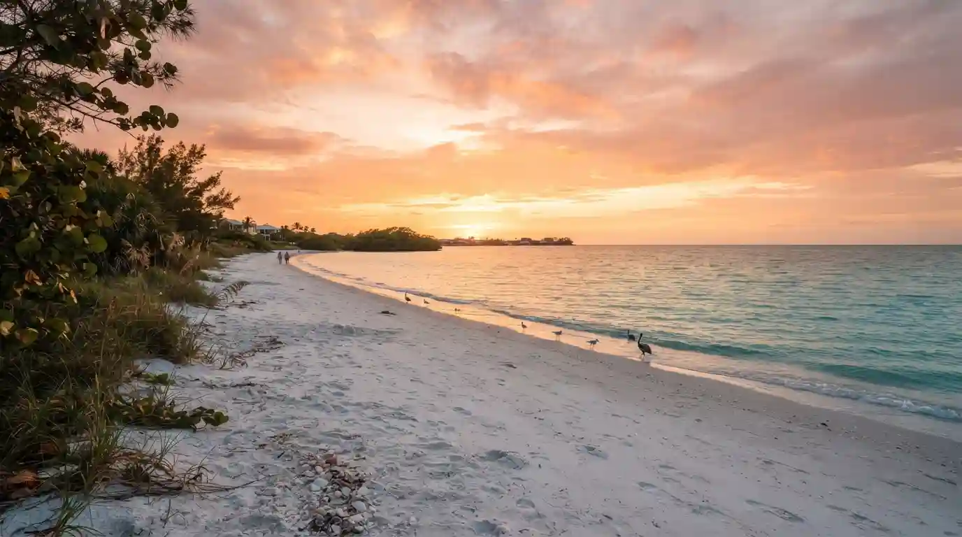 White-sand beach and calm Gulf waters at sunset on Marco Island, Florida