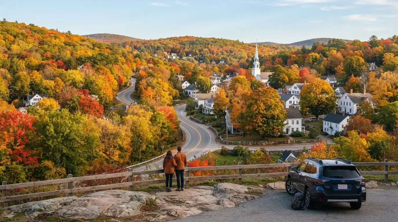 Autumn foliage surrounding a scenic New England town in Massachusetts