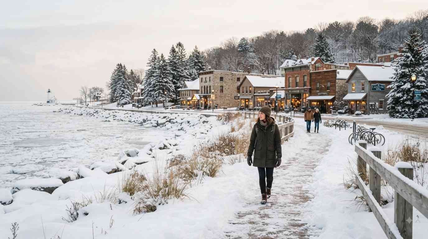 Snow-covered Midwest lakeshore town with cozy buildings during a winter getaway