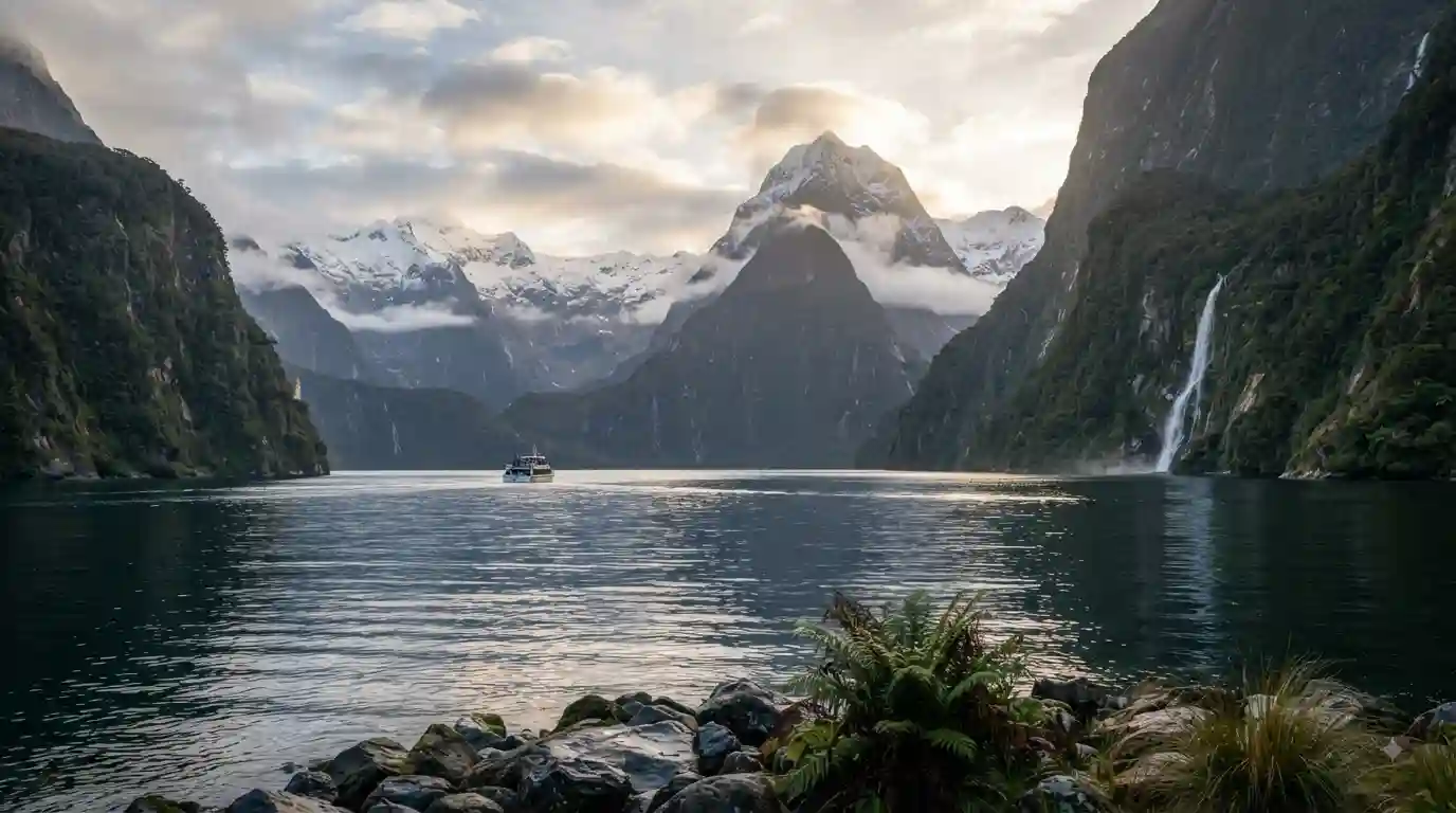 Dramatic New Zealand fjord with mountain peaks, waterfalls, and a scenic boat