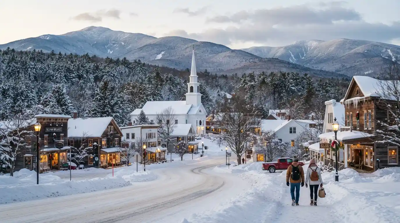 Snow-covered New England mountain town surrounded by evergreen forests in winter