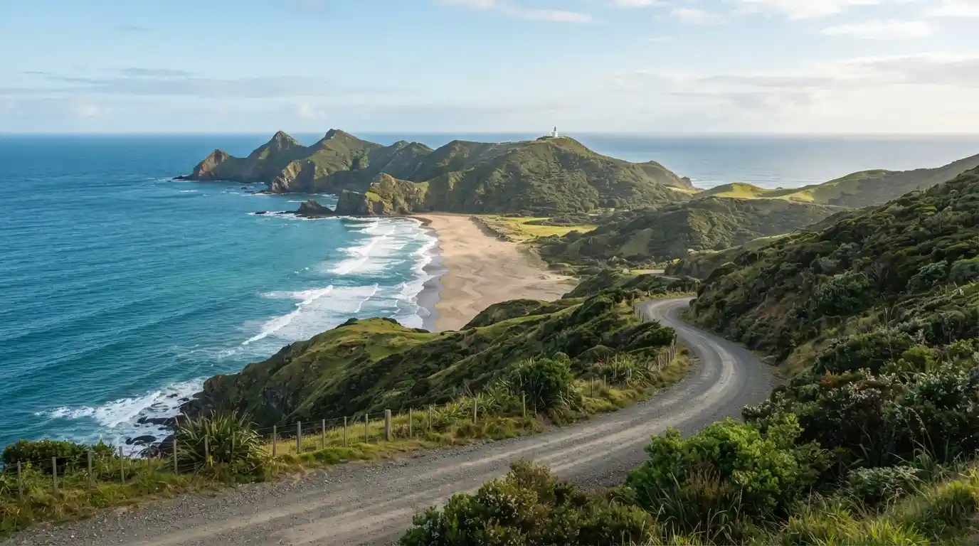Scenic Northland New Zealand coastline with green hills, sandy beach, and blue ocean