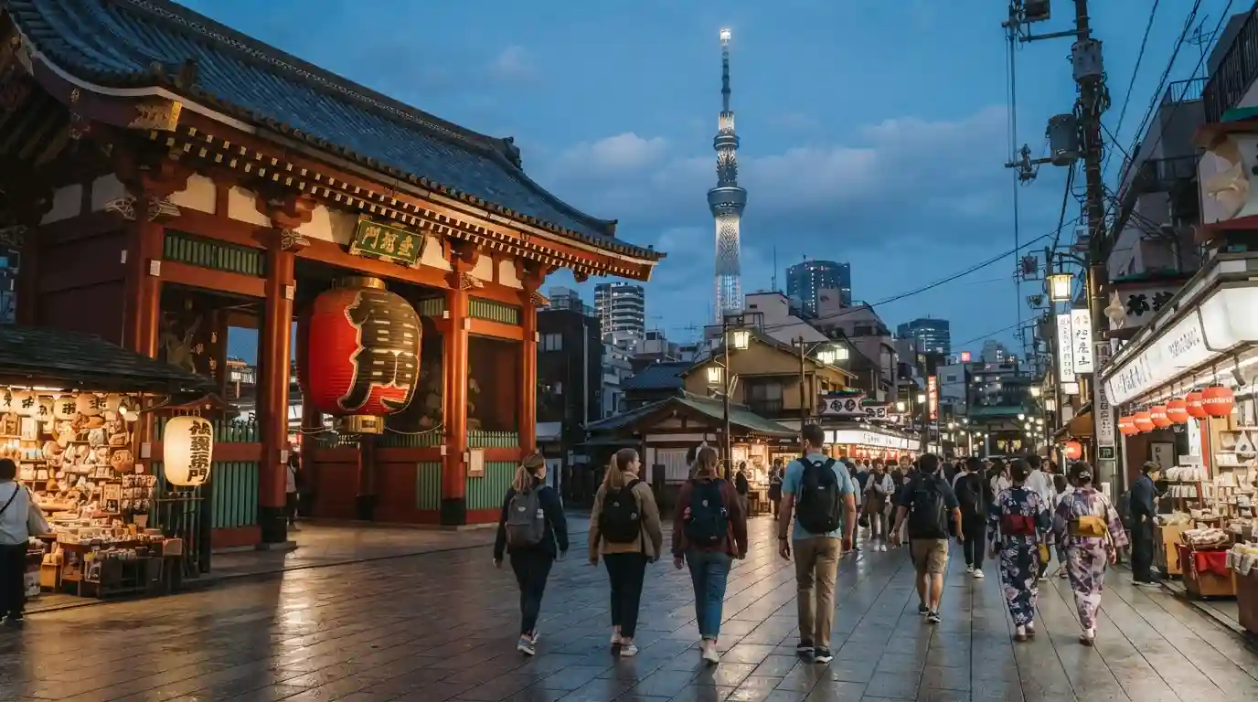 Traditional Asakusa temple gate with Tokyo Skytree and the city skyline in the background
