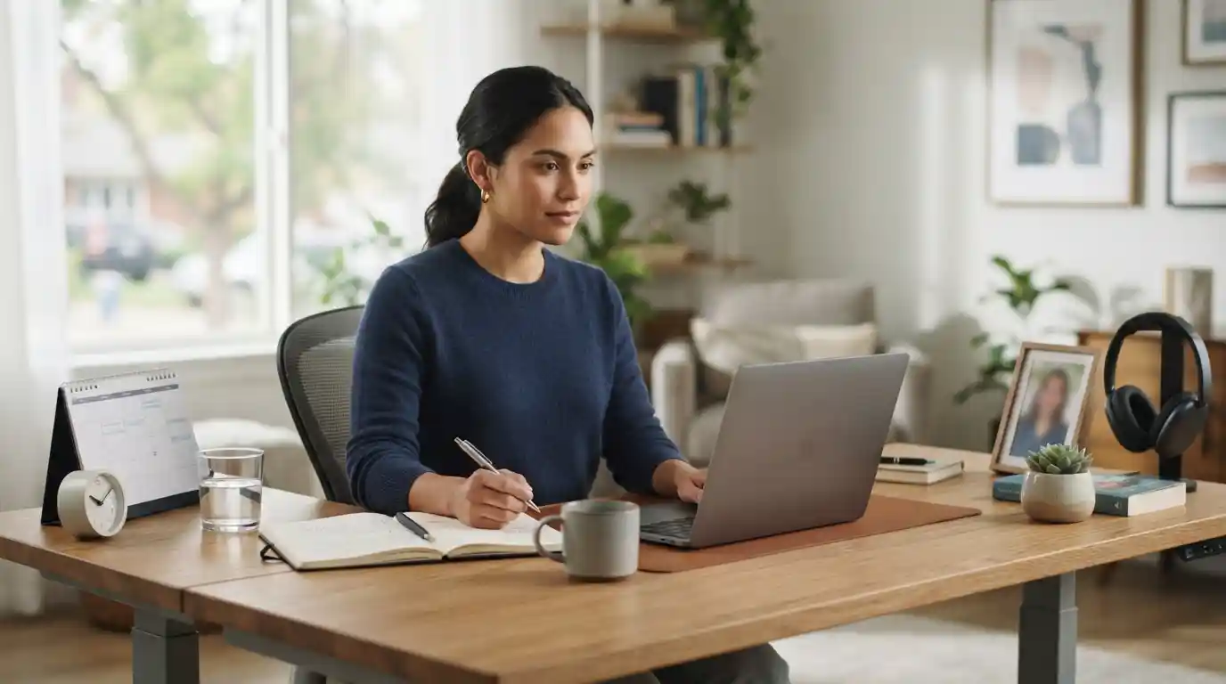 Professional working at an organized desk with clear work boundaries and structured scheduling