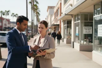 Business for sale in Torrance CA with professionals reviewing documents outside a commercial property