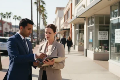 Business for sale in Torrance CA with professionals reviewing documents outside a commercial property