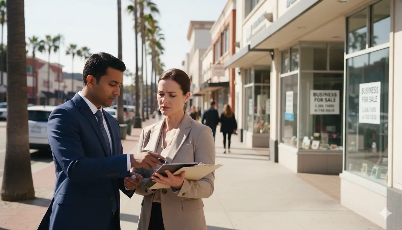 Business for sale in Torrance CA with professionals reviewing documents outside a commercial property