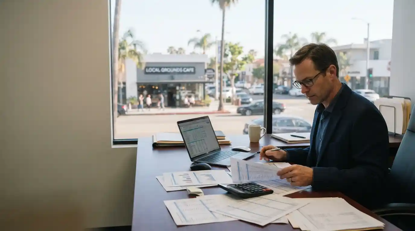 Prospective business buyer reviewing financial documents at a desk with a Torrance storefront in the background