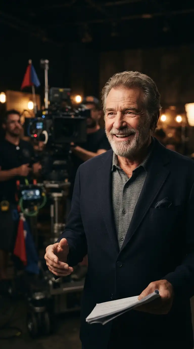 American comedian and actor performing on a cinematic film set with studio lights and production equipment in the background.