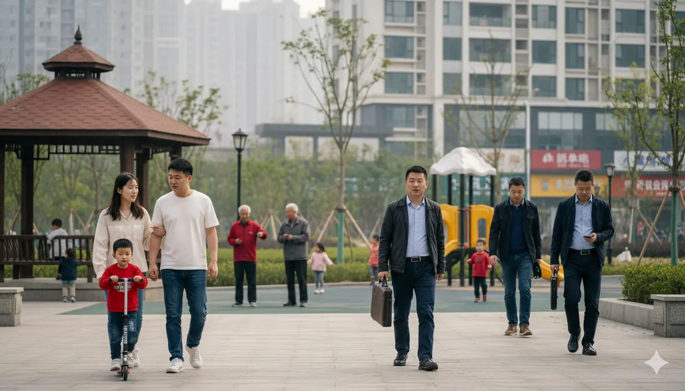 Real people in China representing the 2025 population decline, including families, elderly citizens, and children in an urban setting.